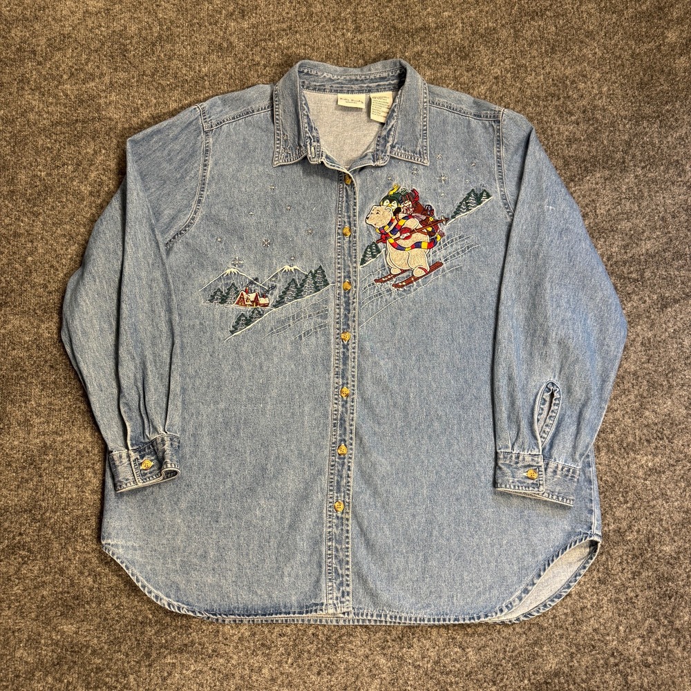 Vintage Bobbie Brooks Christmas Embroidered Bear Denim Shirt Women Sz 18W/20W